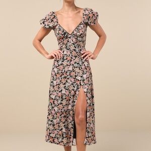 Lulus Meadow Muse Black Floral Tie-back Puff Sleeve Midi Dress - Size S